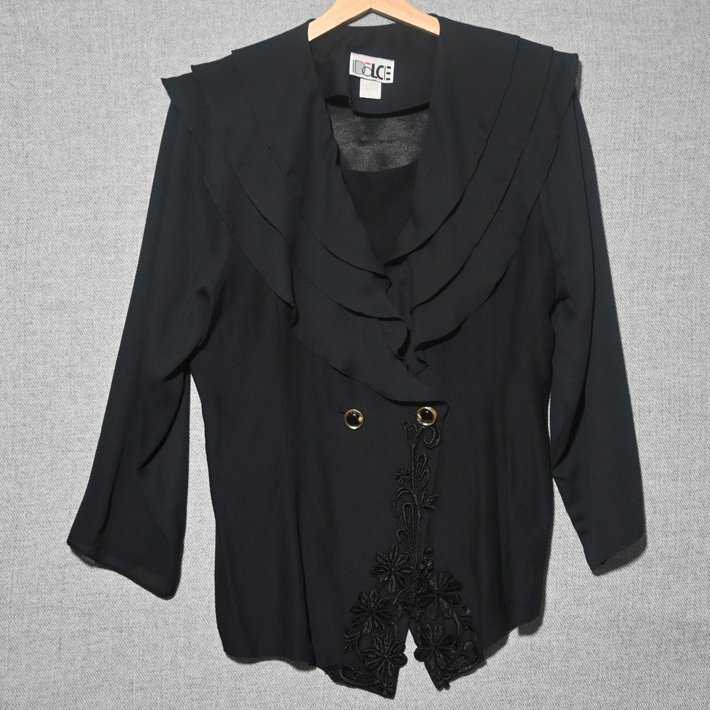 Dolce Blouse Womens Vintage Embroidered Ruffle Shoulder Pads XL Black USA